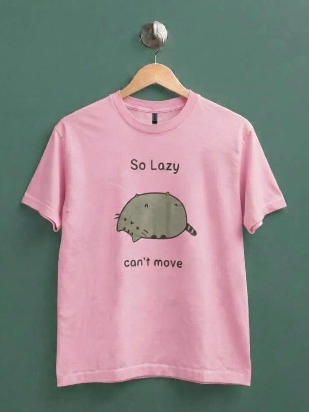 So Lazy Can't Move Cat Graphic T Shirt Pink Funny Cute Tee